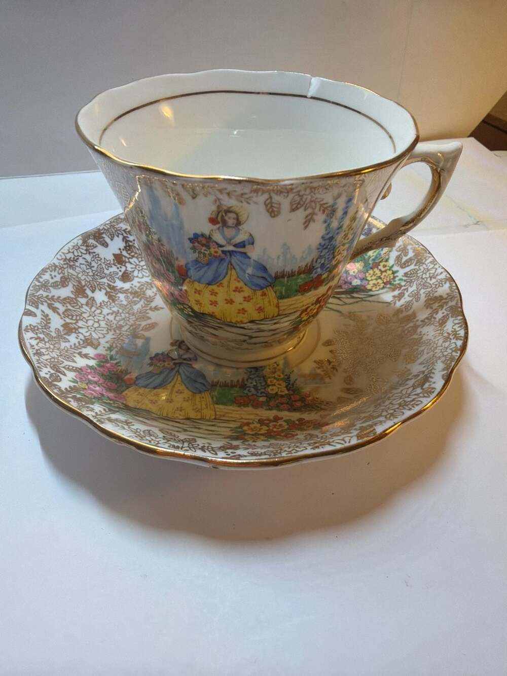 Vintage Colclough Bone China Tea Cup and Saucer Set Crinoline Lady Pattern